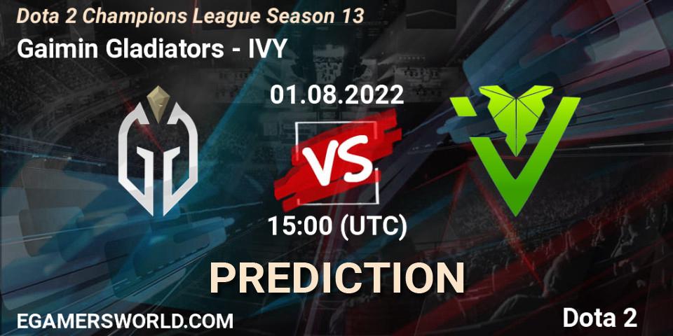 Gaimin Gladiators contre IVY : prédiction de match. 01.08.2022 at 15:00. Dota 2, Dota 2 Champions League Season 13