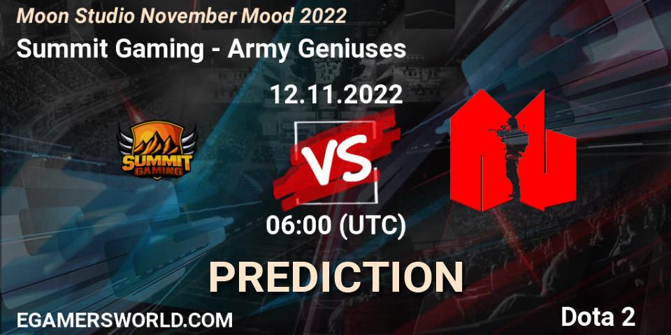 Summit Gaming contre Army Geniuses : prédiction de match. 12.11.2022 at 06:05. Dota 2, Moon Studio November Mood 2022