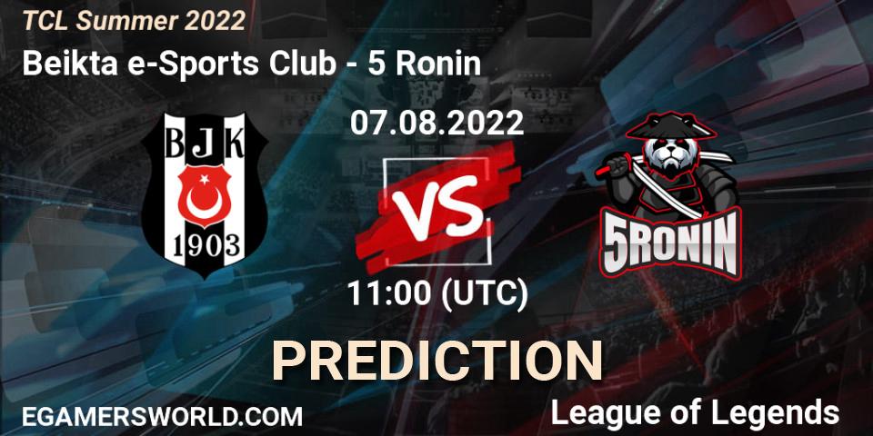 Beşiktaş e-Sports Club contre 5 Ronin : prédiction de match. 06.08.2022 at 11:00. LoL, TCL Summer 2022