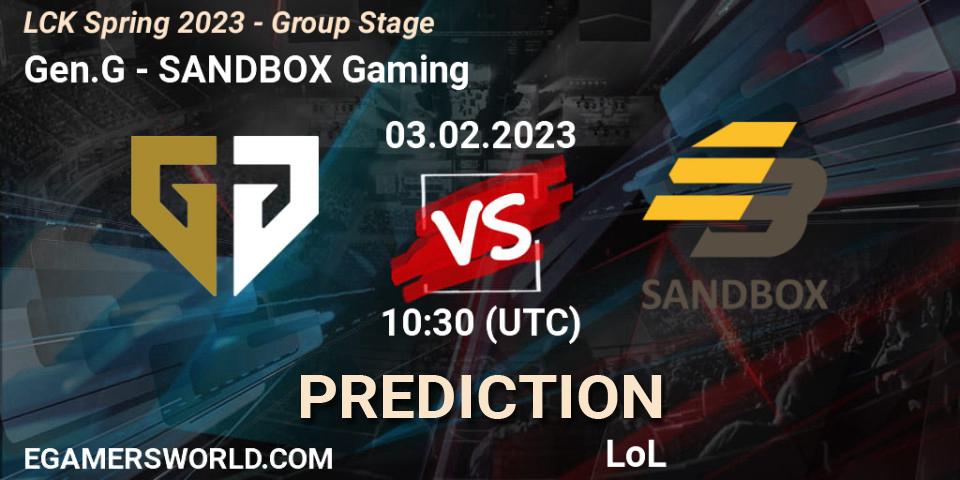 Gen.G contre SANDBOX Gaming : prédiction de match. 03.02.2023 at 10:30. LoL, LCK Spring 2023 - Group Stage