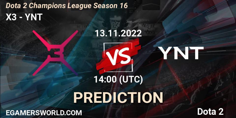 X3 contre YNT : prédiction de match. 13.11.2022 at 14:00. Dota 2, Dota 2 Champions League Season 16