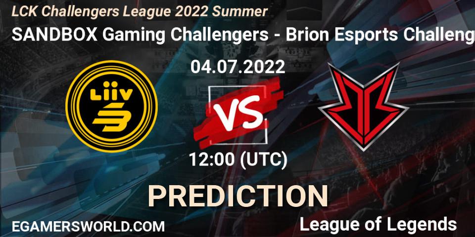 SANDBOX Gaming Challengers contre Brion Esports Challengers : prédiction de match. 04.07.2022 at 12:00. LoL, LCK Challengers League 2022 Summer