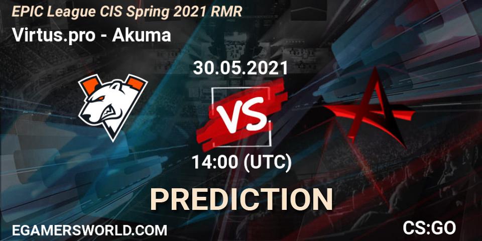 Virtus.pro contre Akuma : prédiction de match. 30.05.2021 at 14:00. Counter-Strike (CS2), EPIC League CIS Spring 2021 RMR