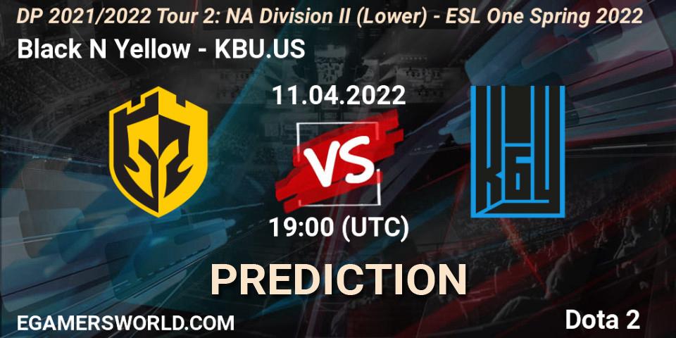 Black N Yellow contre KBU.US : prédiction de match. 11.04.2022 at 19:44. Dota 2, DP 2021/2022 Tour 2: NA Division II (Lower) - ESL One Spring 2022