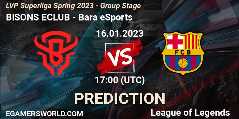 BISONS ECLUB contre Barça eSports : prédiction de match. 16.01.2023 at 17:00. LoL, LVP Superliga Spring 2023 - Group Stage