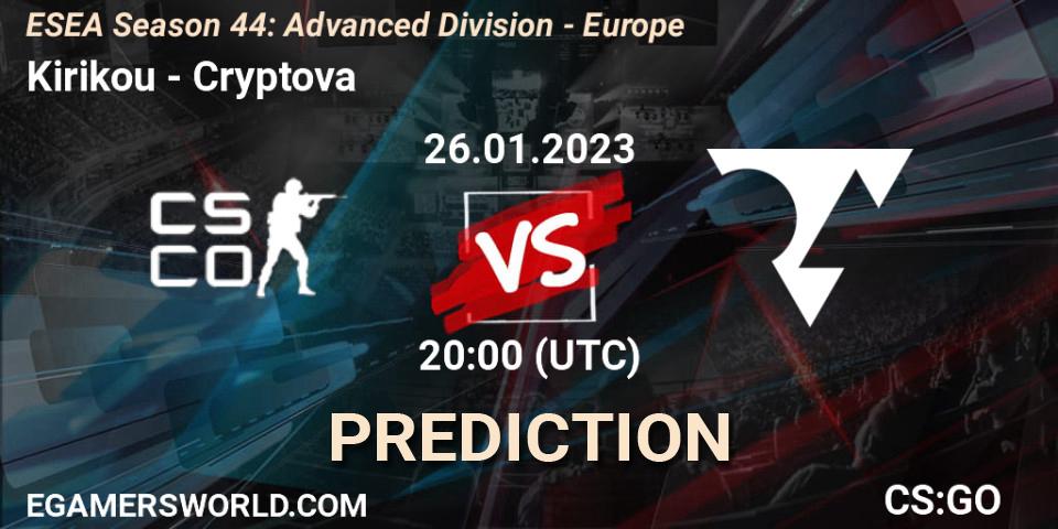Kirikou contre Cryptova : prédiction de match. 08.02.23. CS2 (CS:GO), ESEA Season 44: Advanced Division - Europe