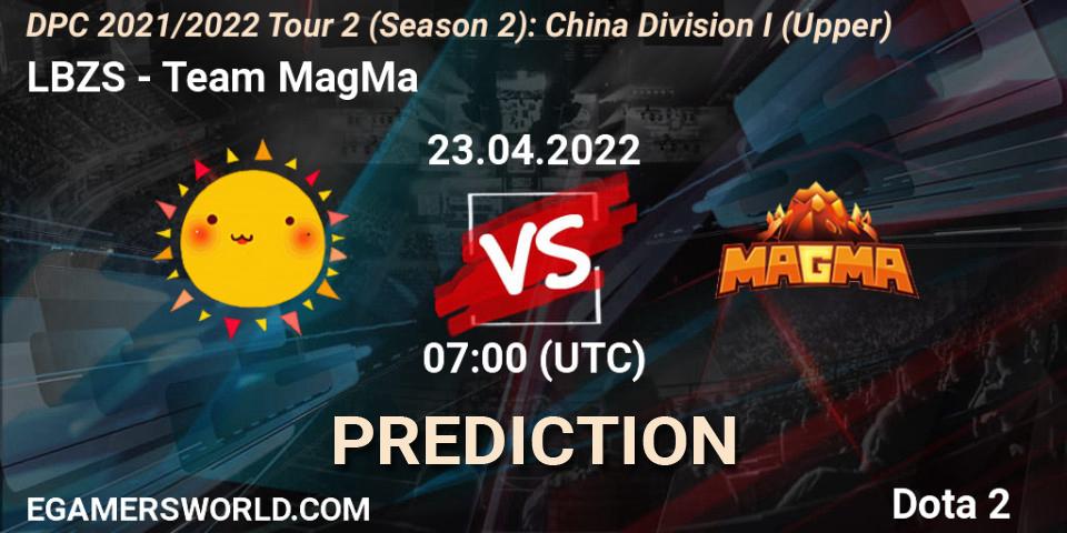 LBZS contre Team MagMa : prédiction de match. 23.04.2022 at 06:57. Dota 2, DPC 2021/2022 Tour 2 (Season 2): China Division I (Upper)
