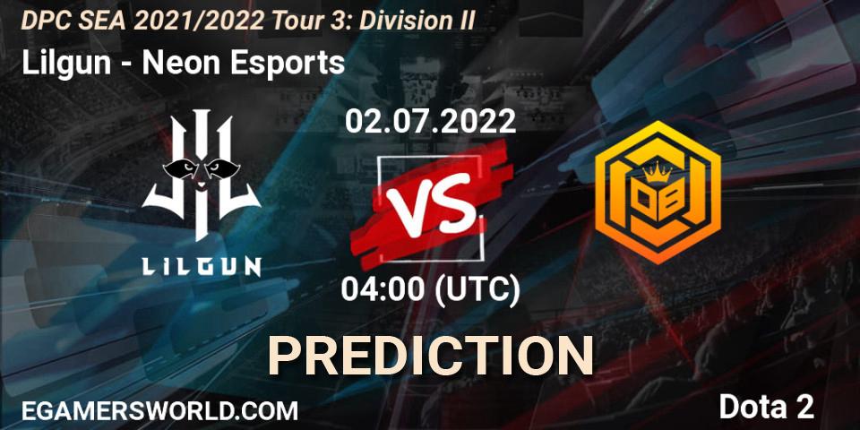Lilgun contre Neon Esports : prédiction de match. 02.07.2022 at 04:02. Dota 2, DPC SEA 2021/2022 Tour 3: Division II
