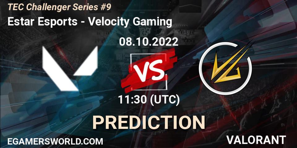 Estar Esports contre Velocity Gaming : prédiction de match. 08.10.2022 at 13:30. VALORANT, TEC Challenger Series #9