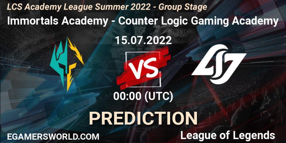 Immortals Academy contre Counter Logic Gaming Academy : prédiction de match. 15.07.22. LoL, LCS Academy League Summer 2022 - Group Stage