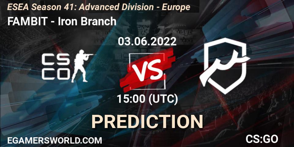 FAMBIT contre Iron Branch : prédiction de match. 03.06.2022 at 15:00. Counter-Strike (CS2), ESEA Season 41: Advanced Division - Europe