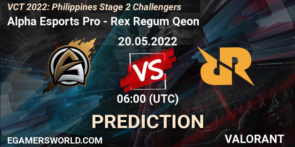 Alpha Esports Pro contre Rex Regum Qeon : prédiction de match. 20.05.2022 at 06:00. VALORANT, VCT 2022: Philippines Stage 2 Challengers