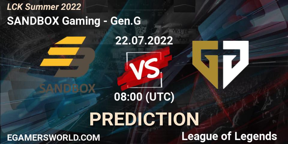 SANDBOX Gaming contre Gen.G : prédiction de match. 22.07.2022 at 08:00. LoL, LCK Summer 2022