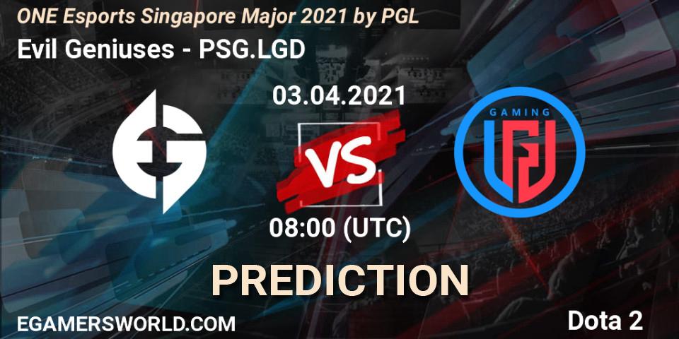 Evil Geniuses contre PSG.LGD : prédiction de match. 03.04.2021 at 09:17. Dota 2, ONE Esports Singapore Major 2021