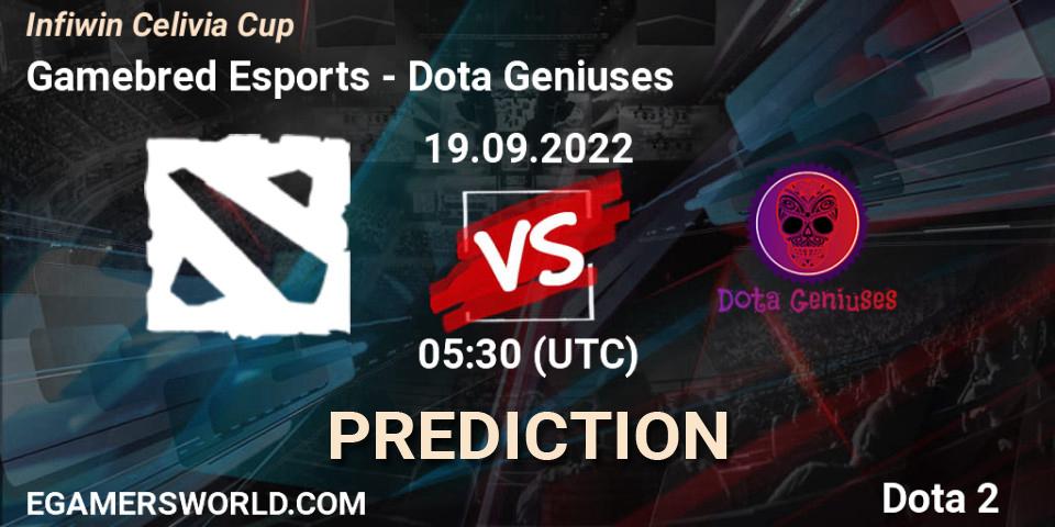 Gamebred Esports contre Dota Geniuses : prédiction de match. 19.09.2022 at 05:29. Dota 2, Infiwin Celivia Cup 
