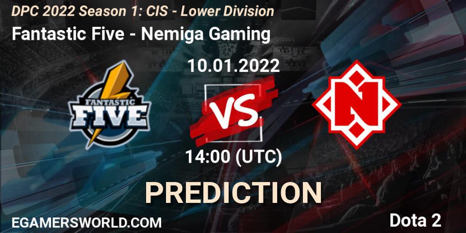 Fantastic Five contre Nemiga Gaming : prédiction de match. 10.01.2022 at 14:00. Dota 2, DPC 2022 Season 1: CIS - Lower Division