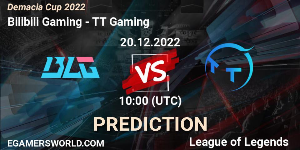 Bilibili Gaming contre TT Gaming : prédiction de match. 20.12.2022 at 09:30. LoL, Demacia Cup 2022