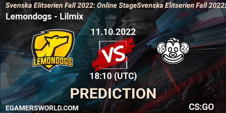 Lemondogs contre Lilmix : prédiction de match. 11.10.2022 at 18:10. Counter-Strike (CS2), Svenska Elitserien Fall 2022