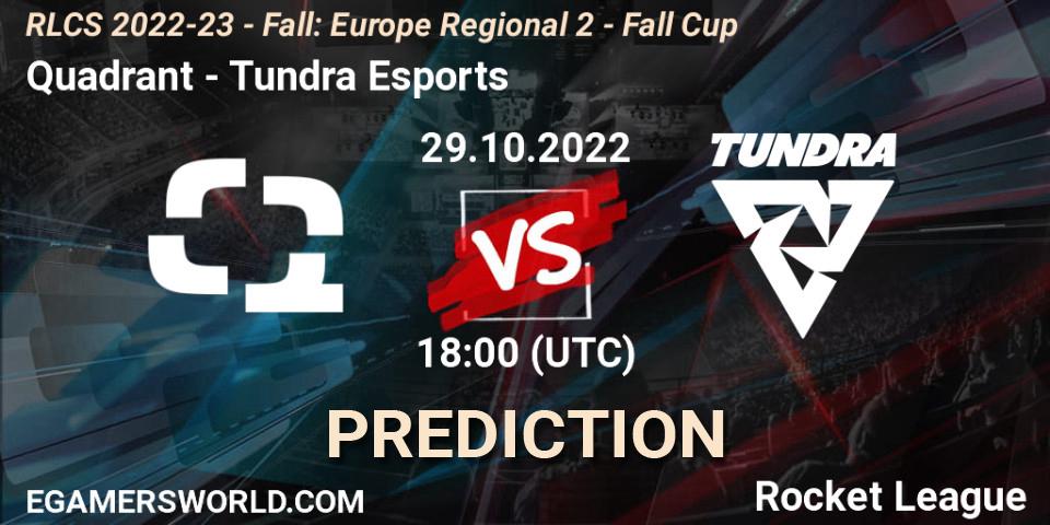 Quadrant contre Tundra Esports : prédiction de match. 29.10.2022 at 18:00. Rocket League, RLCS 2022-23 - Fall: Europe Regional 2 - Fall Cup