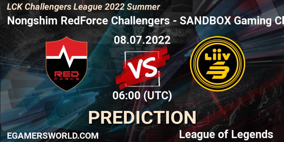 Nongshim RedForce Challengers contre SANDBOX Gaming Challengers : prédiction de match. 08.07.2022 at 06:00. LoL, LCK Challengers League 2022 Summer