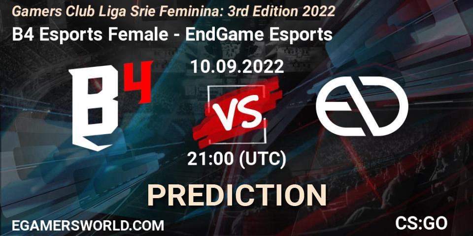 B4 Esports Female contre EndGame Esports : prédiction de match. 10.09.2022 at 21:00. Counter-Strike (CS2), Gamers Club Liga Série Feminina: 3rd Edition 2022