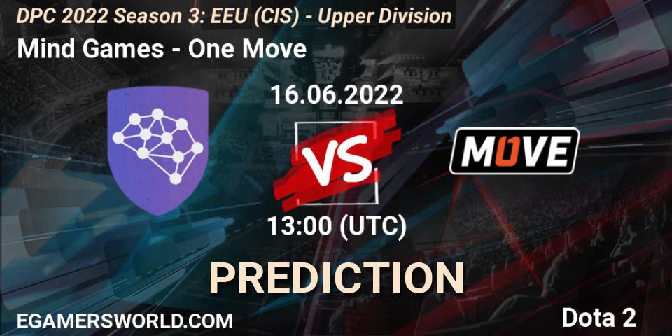 Mind Games contre One Move : prédiction de match. 16.06.2022 at 13:00. Dota 2, DPC EEU (CIS) 2021/2022 Tour 3: Division I