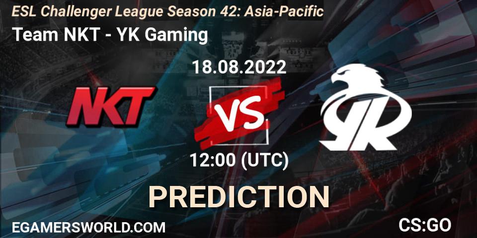 Team NKT contre YK Gaming : prédiction de match. 18.08.2022 at 12:00. Counter-Strike (CS2), ESL Challenger League Season 42: Asia-Pacific