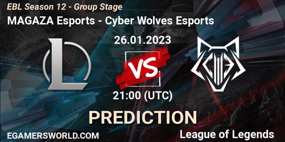 MAGAZA Esports contre Cyber Wolves Esports : prédiction de match. 26.01.2023 at 21:00. LoL, EBL Season 12 - Group Stage