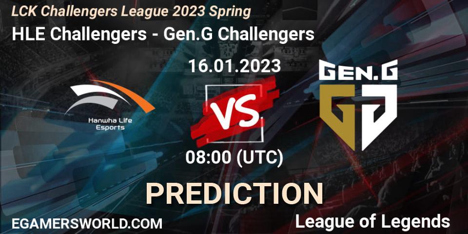 HLE Challengers contre Gen.G Challengers : prédiction de match. 16.01.2023 at 08:00. LoL, LCK Challengers League 2023 Spring