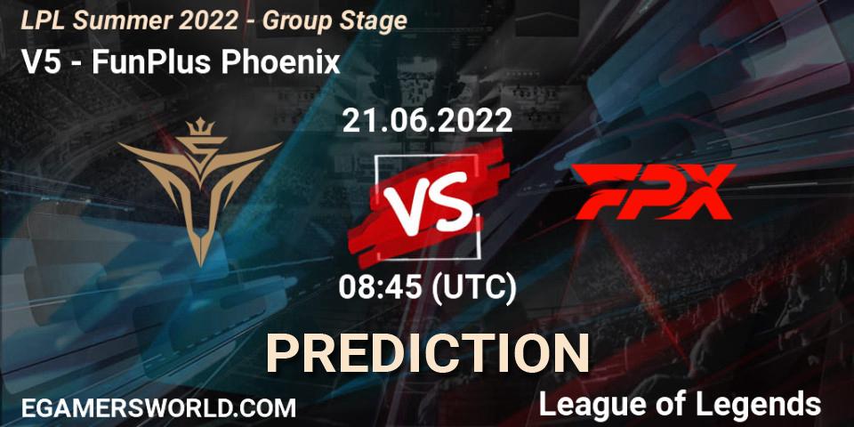 Victory Five contre FunPlus Phoenix : prédiction de match. 21.06.2022 at 09:00. LoL, LPL Summer 2022 - Group Stage