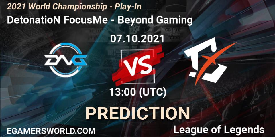 DetonatioN FocusMe contre Beyond Gaming : prédiction de match. 07.10.2021 at 13:00. LoL, 2021 World Championship - Play-In