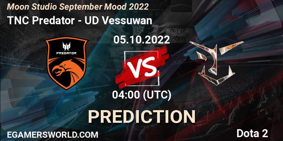 TNC Predator contre UD Vessuwan : prédiction de match. 05.10.2022 at 04:11. Dota 2, Moon Studio September Mood 2022