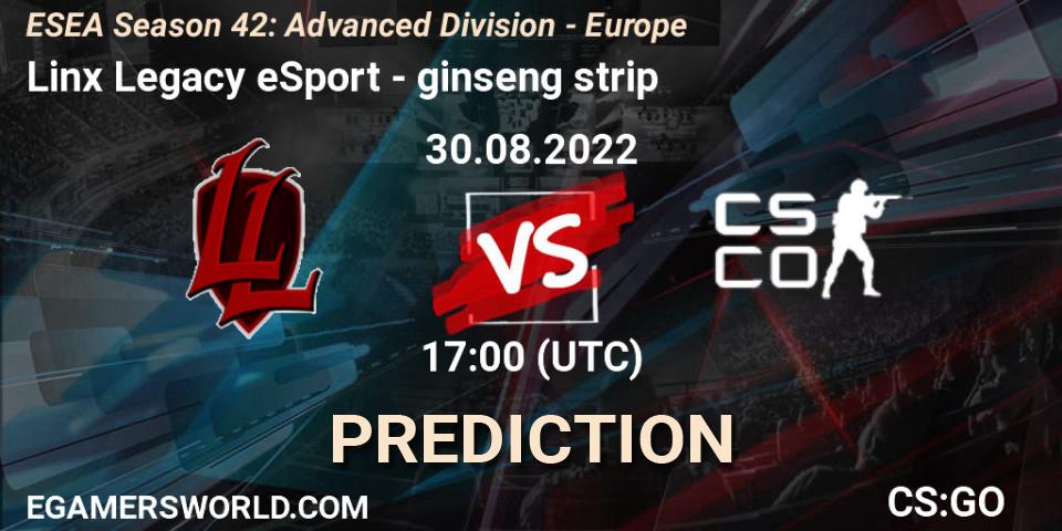 Linx Legacy eSport contre ginseng strip : prédiction de match. 30.08.2022 at 17:00. Counter-Strike (CS2), ESEA Season 42: Advanced Division - Europe