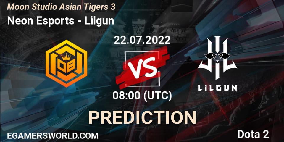 Neon Esports contre Lilgun : prédiction de match. 22.07.2022 at 08:30. Dota 2, Moon Studio Asian Tigers 3