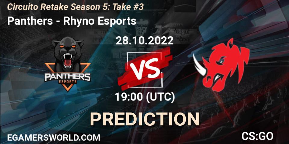Panthers contre Rhyno Esports : prédiction de match. 28.10.2022 at 19:00. Counter-Strike (CS2), Circuito Retake Season 5: Take #3