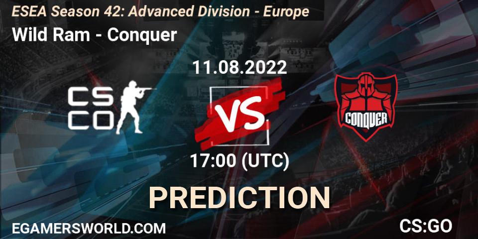 Wild Ram contre Conquer : prédiction de match. 11.08.2022 at 17:00. Counter-Strike (CS2), ESEA Season 42: Advanced Division - Europe