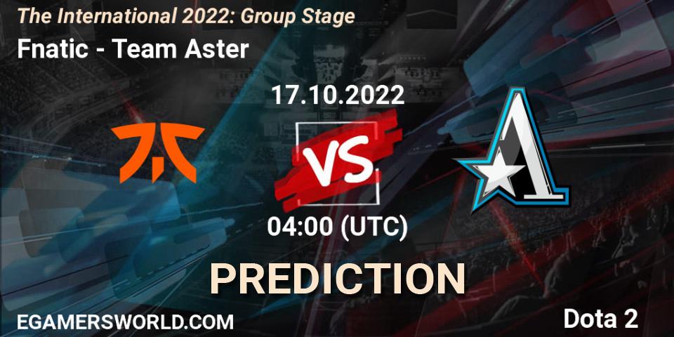 Fnatic contre Team Aster : prédiction de match. 17.10.2022 at 04:28. Dota 2, The International 2022: Group Stage