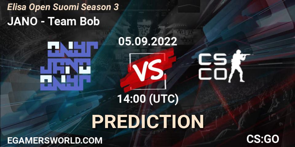 JANO contre Team Bob : prédiction de match. 05.09.2022 at 14:00. Counter-Strike (CS2), Elisa Open Suomi Season 3