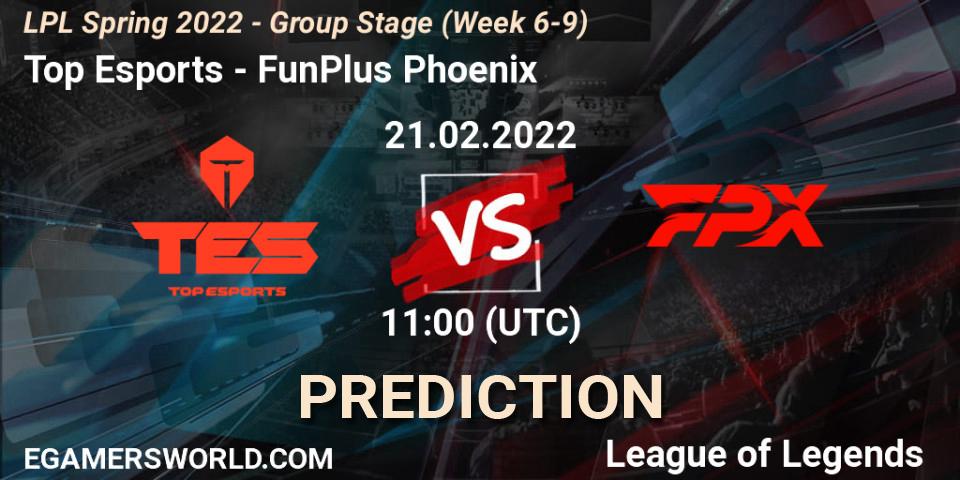 Top Esports contre FunPlus Phoenix : prédiction de match. 21.02.2022 at 12:00. LoL, LPL Spring 2022 - Group Stage (Week 6-9)