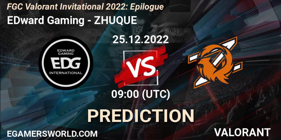 EDward Gaming contre ZHUQUE : prédiction de match. 25.12.2022 at 09:00. VALORANT, FGC Valorant Invitational 2022: Epilogue