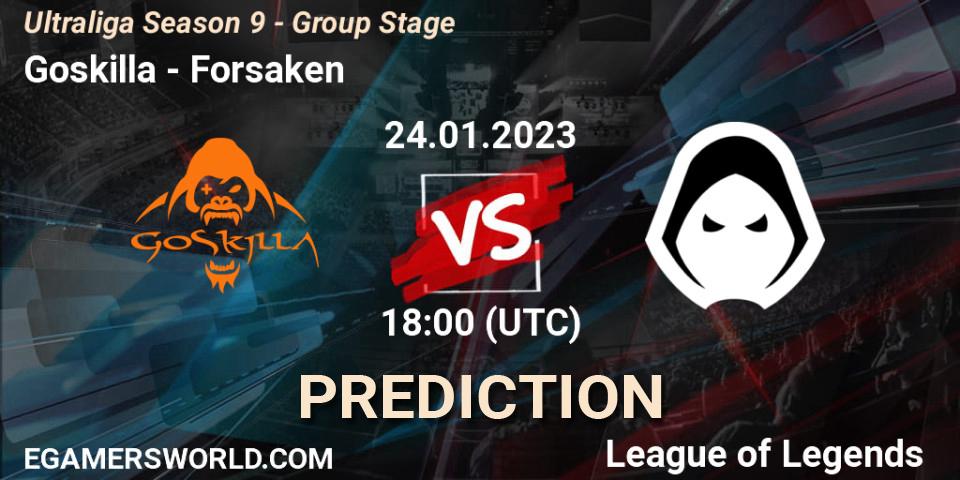 Goskilla contre Forsaken : prédiction de match. 24.01.2023 at 18:30. LoL, Ultraliga Season 9 - Group Stage