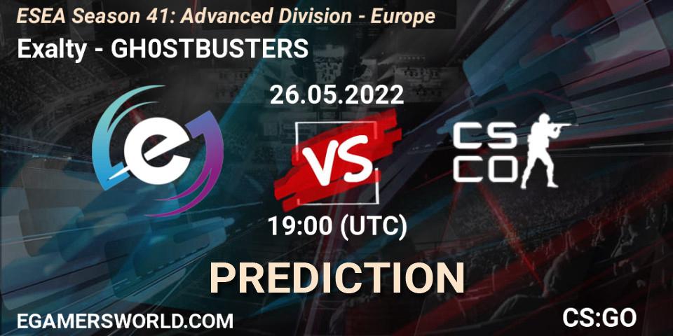 Exalty contre GH0STBUSTERS : prédiction de match. 26.05.2022 at 19:00. Counter-Strike (CS2), ESEA Season 41: Advanced Division - Europe