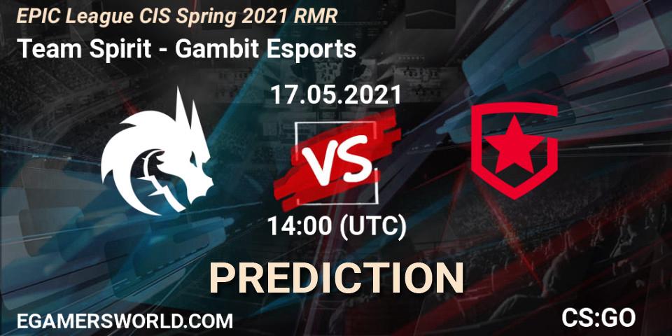 Team Spirit contre Gambit Esports : prédiction de match. 17.05.2021 at 14:00. Counter-Strike (CS2), EPIC League CIS Spring 2021 RMR