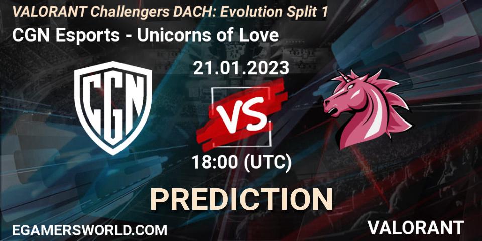 CGN Esports contre Unicorns of Love : prédiction de match. 21.01.2023 at 18:45. VALORANT, VALORANT Challengers 2023 DACH: Evolution Split 1