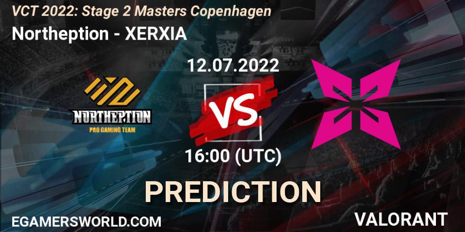 Northeption contre XERXIA : prédiction de match. 12.07.2022 at 16:35. VALORANT, VCT 2022: Stage 2 Masters Copenhagen