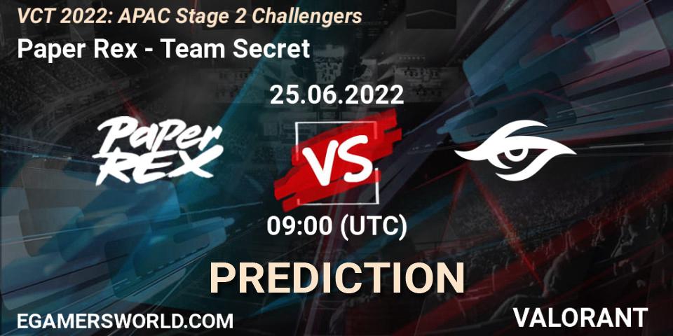 Paper Rex contre Team Secret : prédiction de match. 25.06.2022 at 09:45. VALORANT, VCT 2022: APAC Stage 2 Challengers