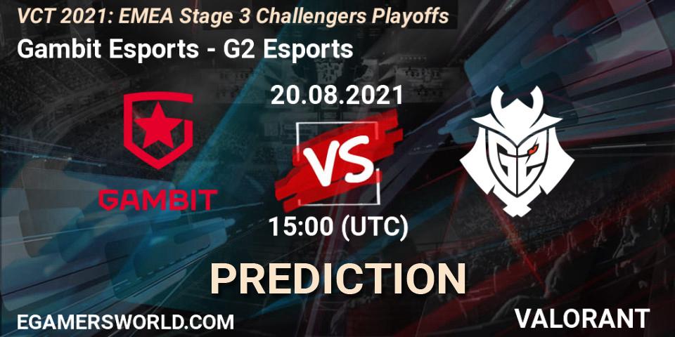 Gambit Esports contre G2 Esports : prédiction de match. 20.08.2021 at 15:00. VALORANT, VCT 2021: EMEA Stage 3 Challengers Playoffs