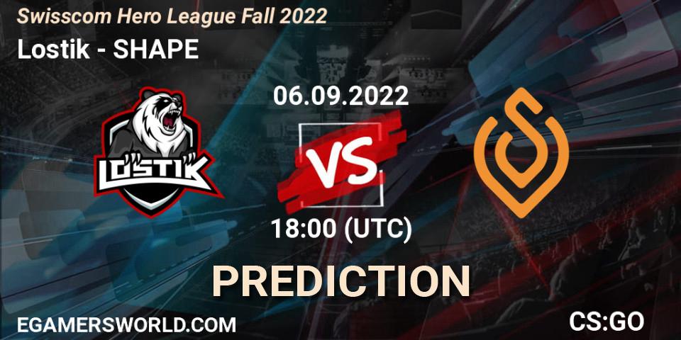 Lostik contre SHAPE : prédiction de match. 06.09.2022 at 18:00. Counter-Strike (CS2), Swisscom Hero League Fall 2022