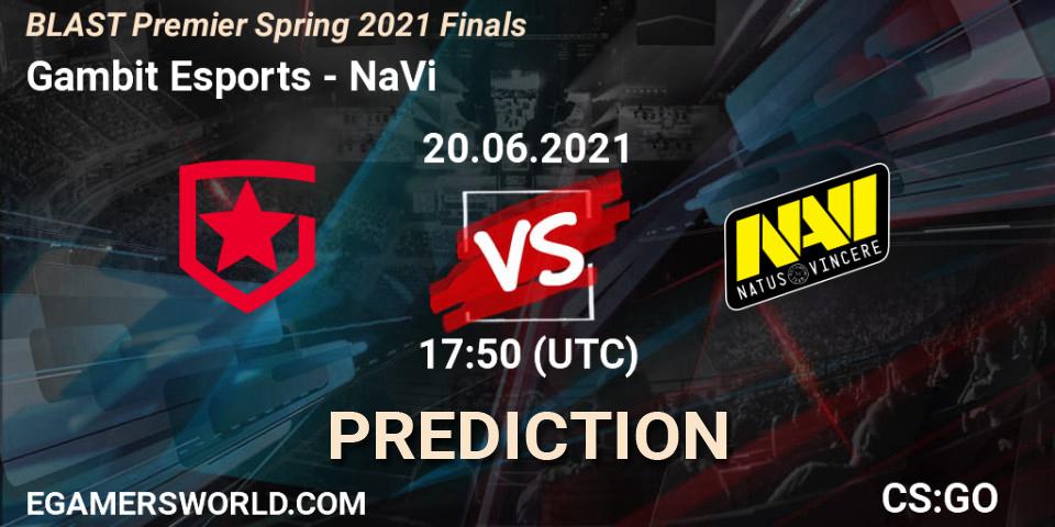 Gambit Esports contre NaVi : prédiction de match. 20.06.2021 at 18:15. Counter-Strike (CS2), BLAST Premier Spring 2021 Finals