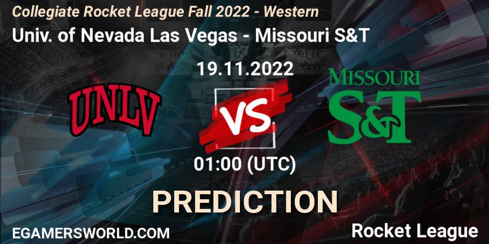Univ. of Nevada Las Vegas contre Missouri S&T : prédiction de match. 19.11.2022 at 01:00. Rocket League, Collegiate Rocket League Fall 2022 - Western